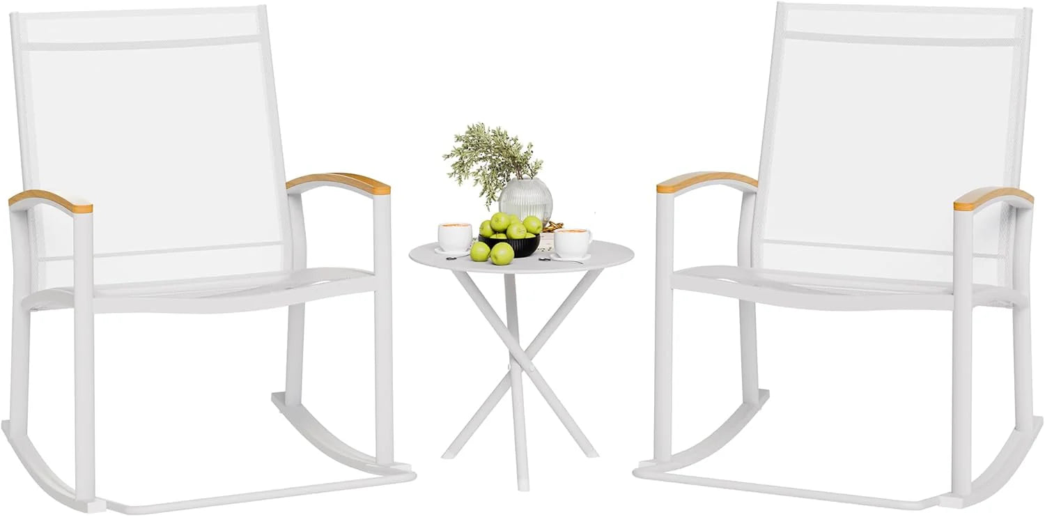 Shintenchi 3 Piece Outdoor Rocking Bistro Set, Textilene Fabric Small Patio Furniture Set, Front Porch Rocker Chairs Conversation Set with Table for Lawn, Garden, Balcony, Poolside (Black)