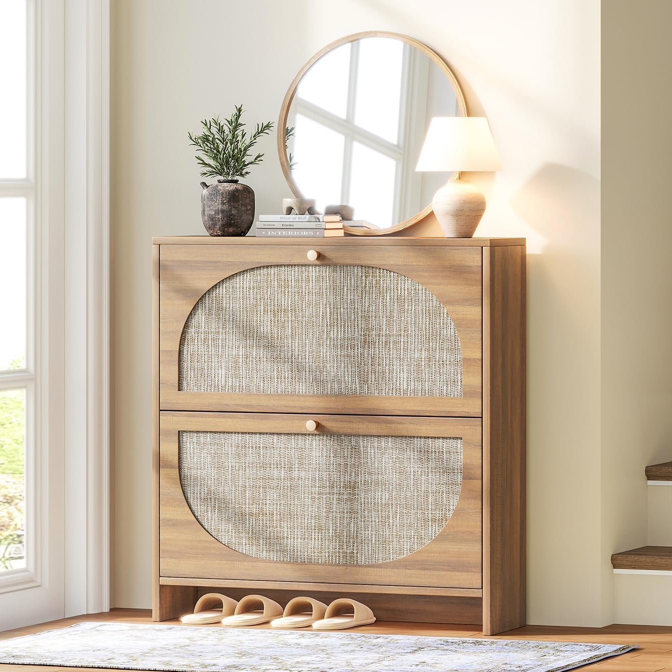 Nicetree freestanding ultra-thin arched rattan shoe cabinet