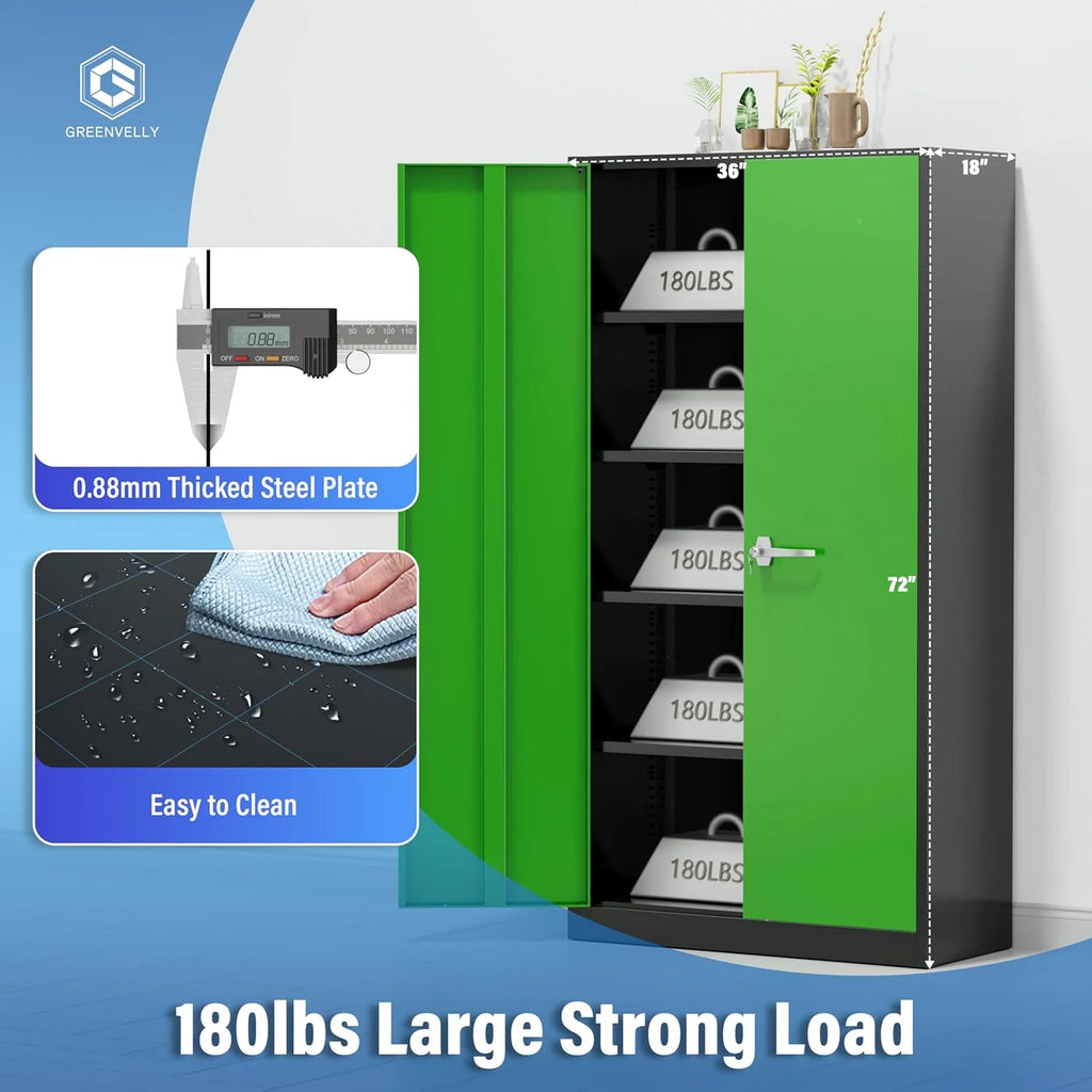 Greenvelly Metal Storage Cabinet, 72" Black Locking Metal Cabinet with 2 Doors and 4 Adjustable Shelves, Lockable Garage Storage Cabinets for Home Office, Garage, Kitchen, Living Room